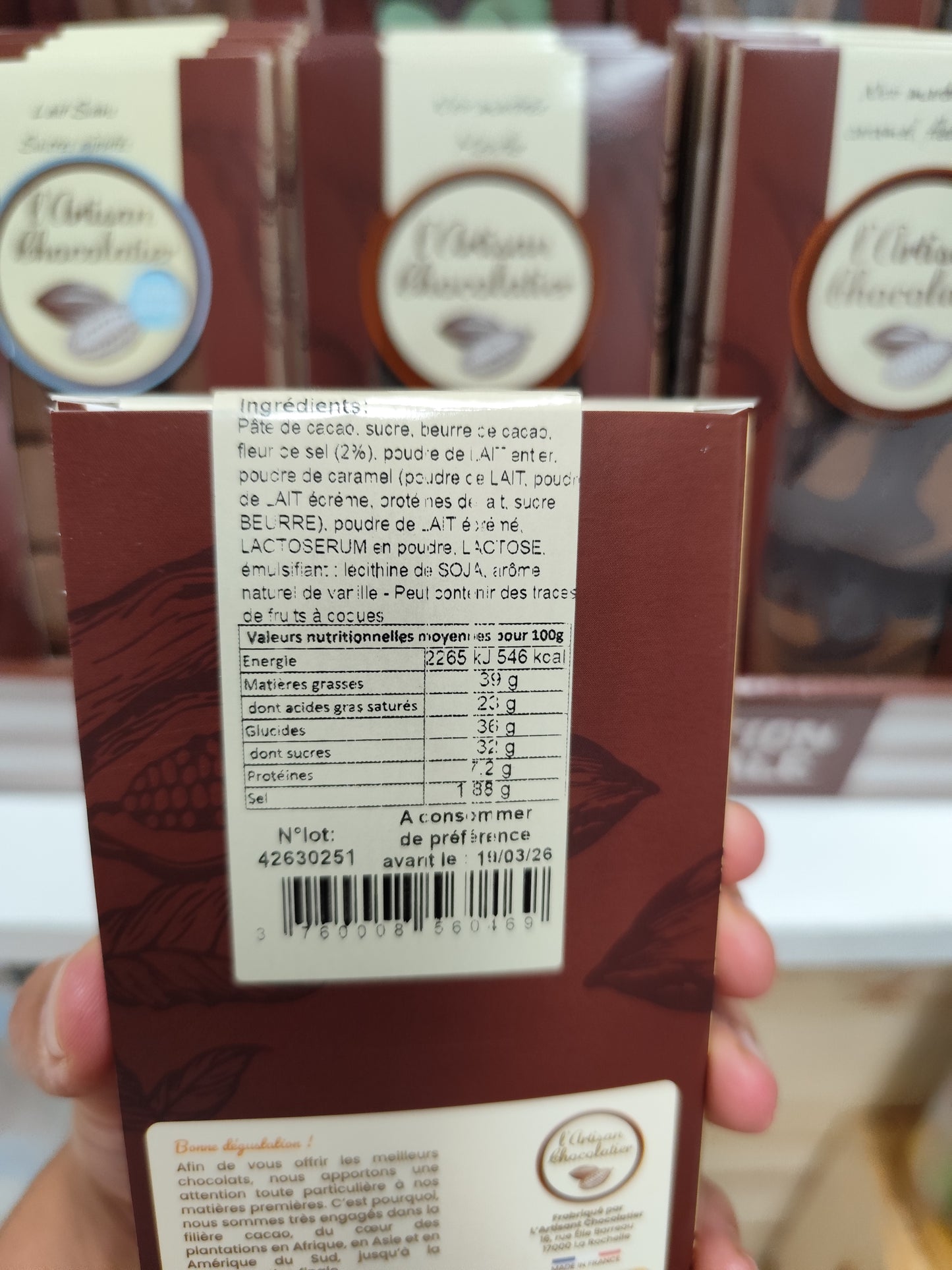 Tablette chocolat noir marbrée lait caramel, fleur de sel