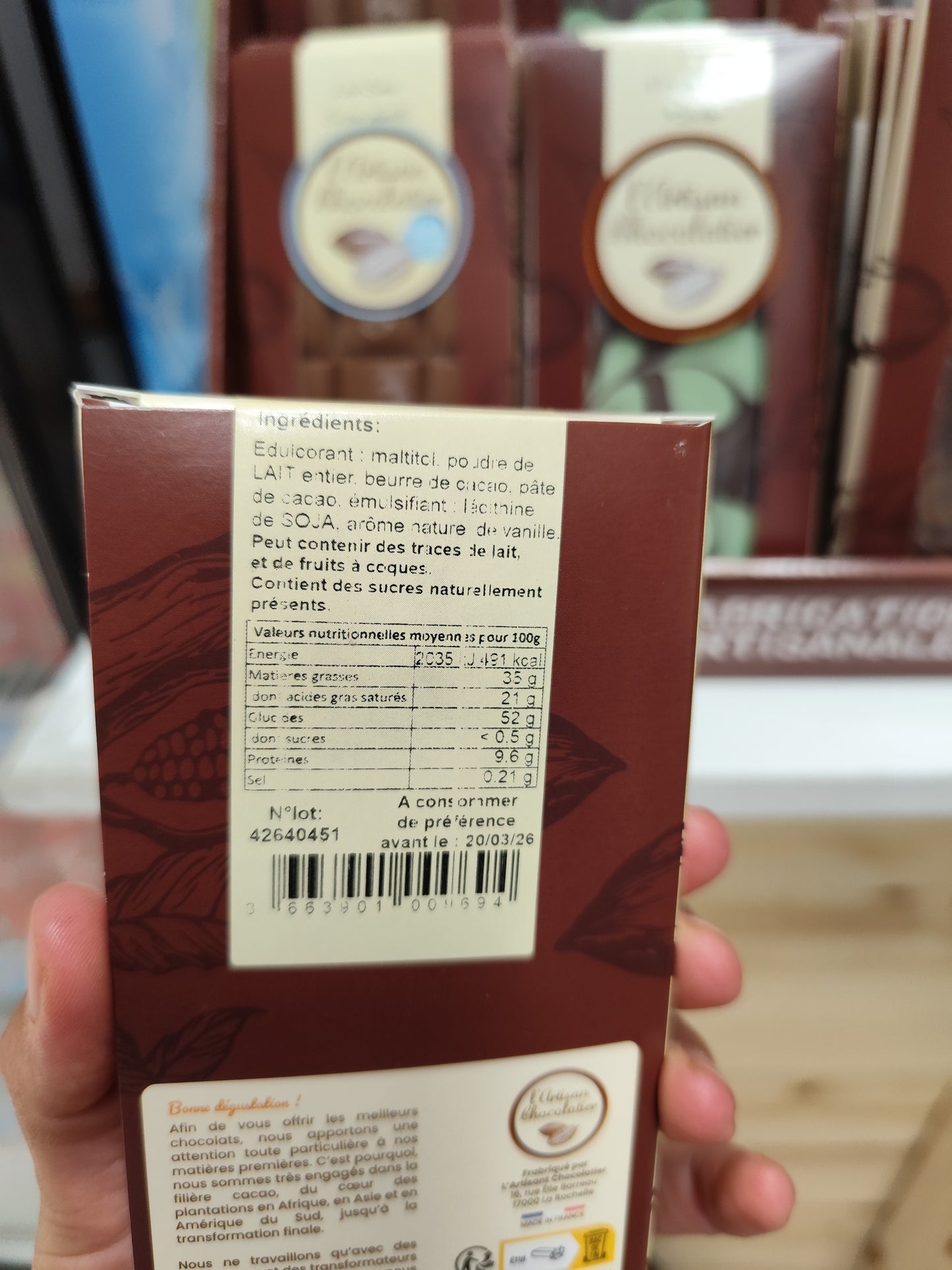 Tablette chocolat au lait sans sucres ajoutés